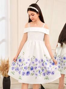 SHEIN 少女碎花细肩带露肩短袖连衣裙 - 藍色 - 查看 3
