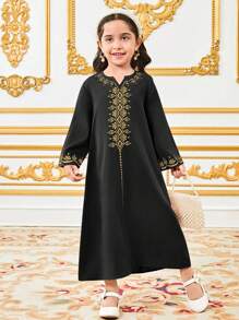 SHEIN Young Girl Retro Patterned Maxi Long Dress - Black - View 8