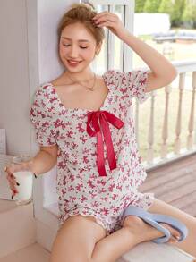 Dream Adore 浪漫蝴蝶结心形印花方领缎带夸张蝴蝶结装饰睡衣套装节日季