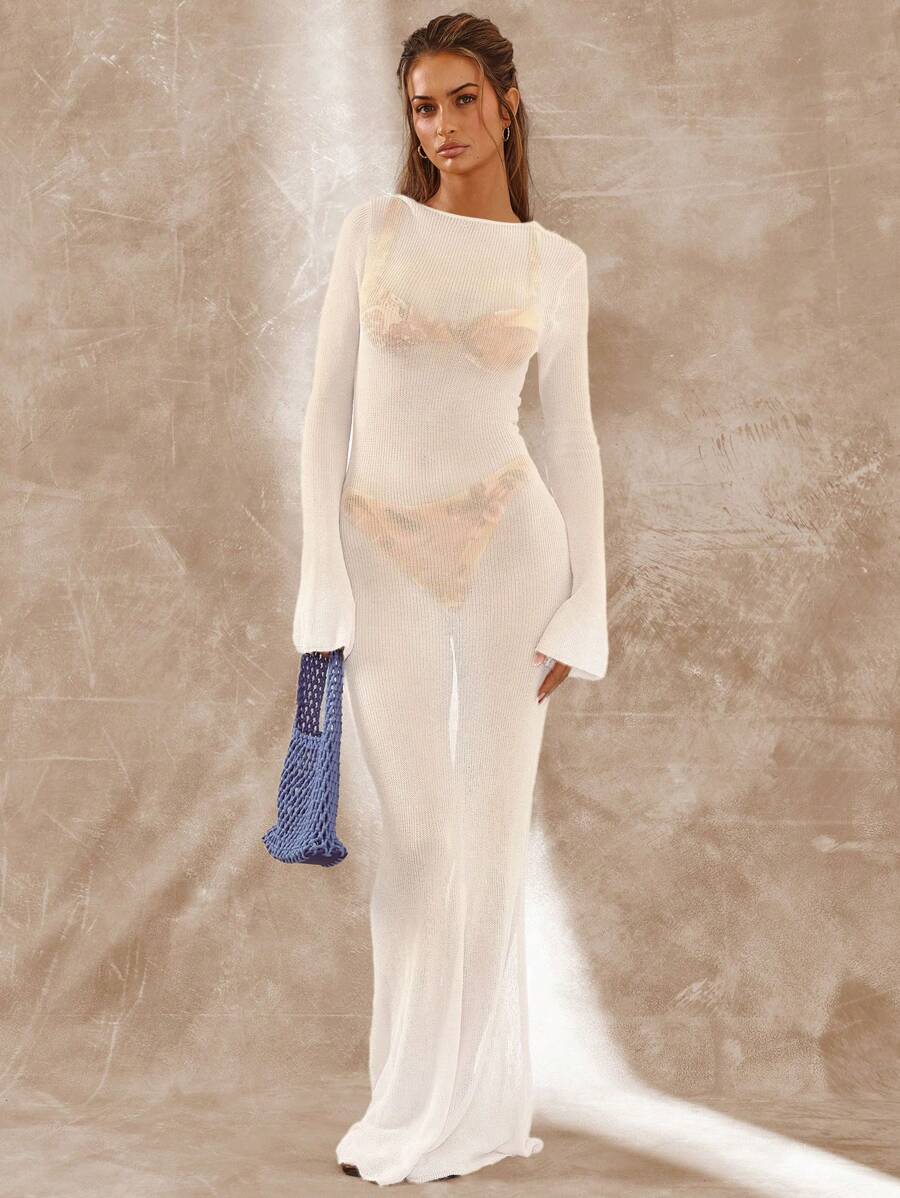 MUSERA 轻薄针织长袖连衣裙，优雅春假可爱性感90年代风情，适合海滩度假、音乐节、伊比沙岛、波西米亚风等各种场合，夏季、秋季、冬季、约会之夜、时尚春季、新娘、单身派对、告别单身派对、婚礼等场合。 - 白色 - 查看 1