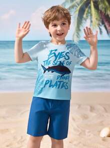 Shark Week X SHEIN 小男孩鲨鱼与字母图案休闲圆领短袖T恤 - 彩色 - 查看 7