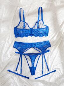 SHEIN 5件套大码女士性感蕾丝拼布刺绣内衣套装 - 藍色 - 查看 2