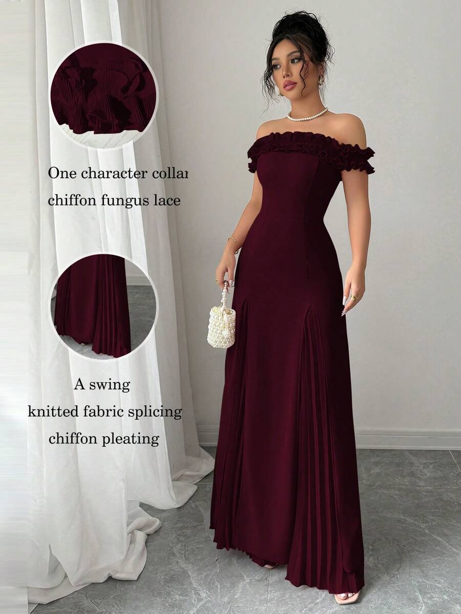 Elenzga 露肩荷叶边饰腰部喇叭下摆褶皱雪纺优雅浪漫女士连衣裙 - 酒紅色 - 查看 1