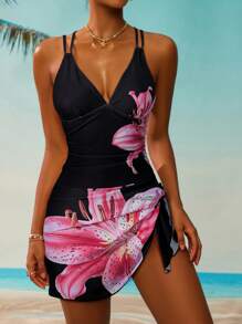 Slaydiva Ladies' Floral Print Tie Front Swim Skirt, Vacation Beach For Summer