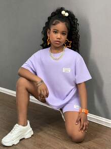 SHEIN 青少年女孩两件套宽松 T 恤和紧身裤套装，休闲时尚的日常穿着 - 紫色 - 查看 3