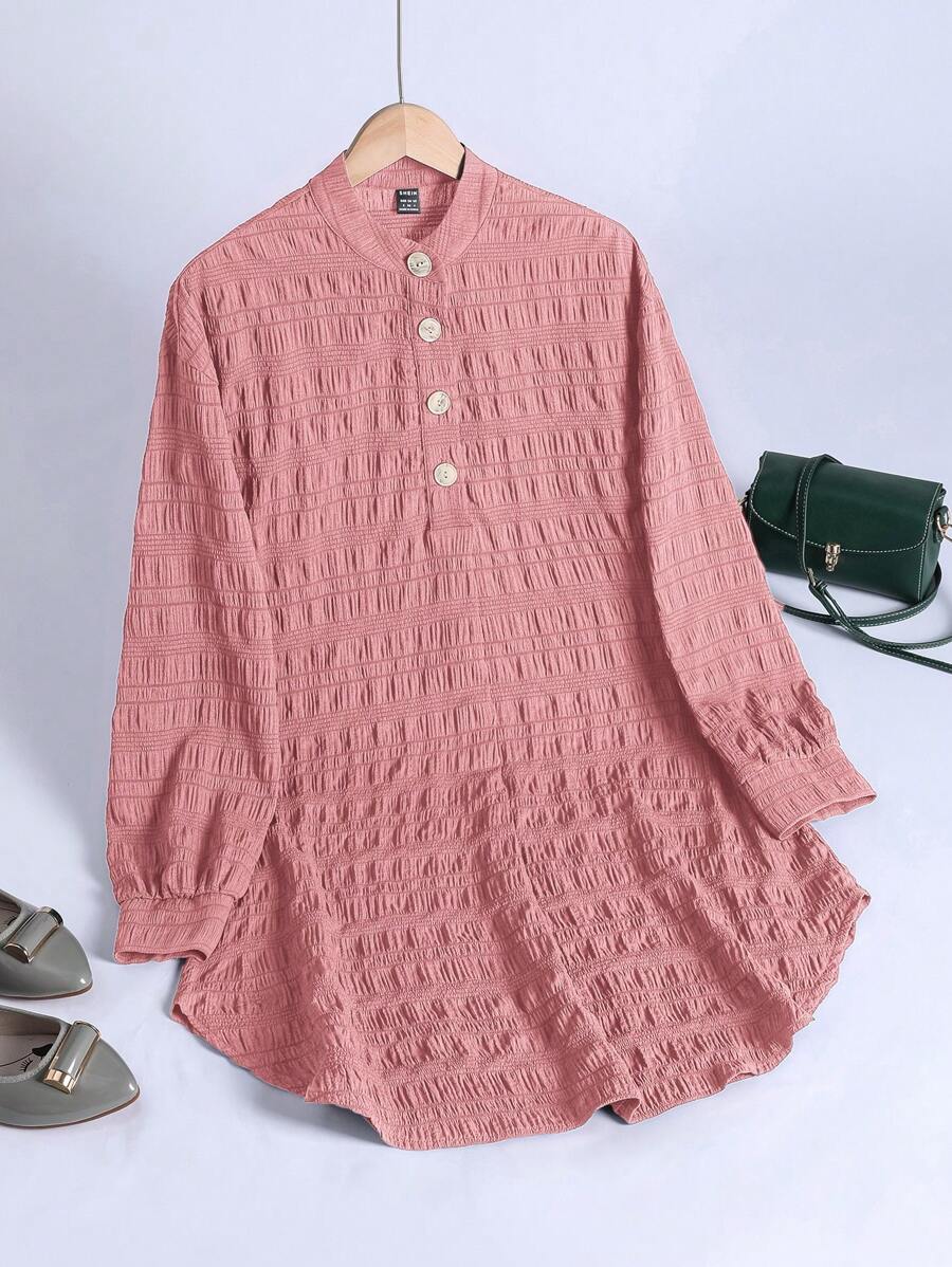 Modelyn 女士纯色纽扣半襟长袖褶裥衬衫