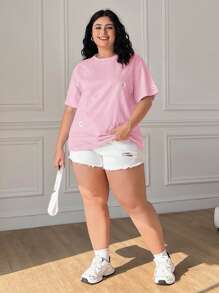 Solflare Plus Size Blue Daisy Embroidered Casual Short Sleeve T-Shirt, Spring Summer Clothes - Pink - View 4