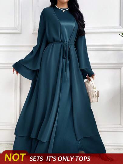 Al Najma Dam med rund hals med lång utsvängd midja slips Elegant Abaya-rock, anspråkslös elegant stil för avslappnad dagligen/jobb/semester/kvällsfester/bröllopsgäst