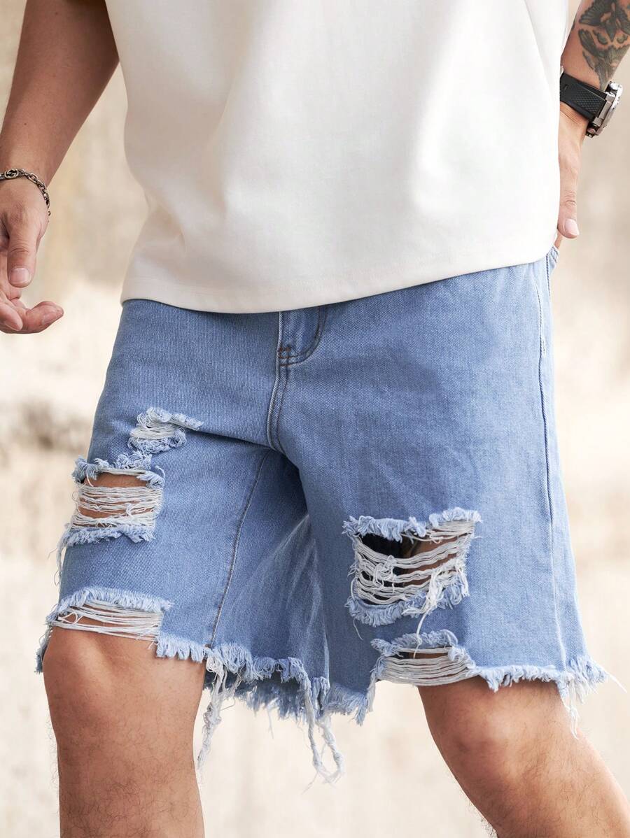 Manfinity Homme Quần short denim thô, sờn rách, chất liệu cotton rộng rãi cho nam, phong cách Emo - Rửa nhẹ - Xem 1