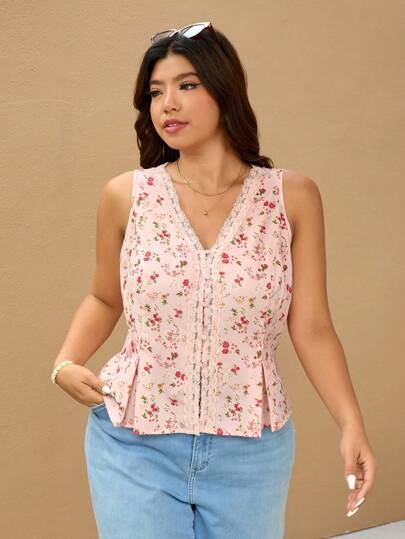 Elaquor 大码女式夏季休闲碎花蕾丝花边吊带背心