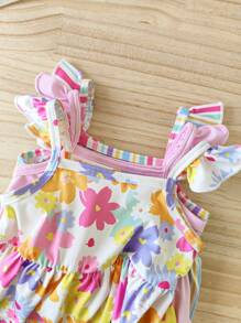 SHEIN Toddler Girl 3-Pack Ruffled Strap Dress Sets, Striped Matching Colorful Floral & Rose Print Dresses, Sweet & Lovely For Baby Girl To Wear In Summer, Vacation And Playtime