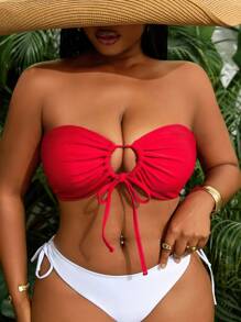 Slaydiva Plus Size Sexy Animal Print Bustier Top With Drawstring, Swimwear