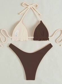 Swim Basics Contrast Color Halter Wireless Split Bikini Swimwear, Suitable For Summer Beach - Brown - View 2