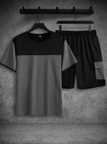 Manfinity Homme Bộ đồ thường ngày 2 món cho nam: Áo thun cổ tròn tay ngắn màu tương phản và quần short túi hộp thời trang nam, trang phục nam, trang phục ấm áp - Màu xám đen - Xem 4