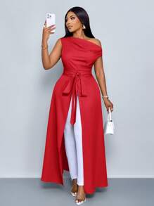 SOLERSUN Christmas Women's Plus Size Asymmetrical Neck Blouse Split Thigh Tie Front One Shoulder Shirts