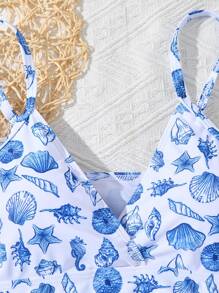 3pcs Tween Girls Fashionable Shell Print Bikini Sets - Multicolor - View 4