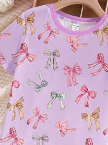 SHEIN Leap Crew 青少年女孩休闲简约圆领短袖短裤睡衣套装，适合夏季 - 彩色 - 查看 4