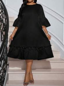 SHEIN Lady 春夏休闲优雅波西米亚风优雅休闲工作白色圆领花瓣袖长袖女装度假装女士沙滩装女士海滩度假沙滩裙婚礼宾客礼服女士商务休闲女士舞会礼服，女士太阳裙 - 黑色 - 查看 4