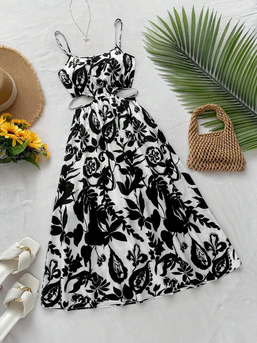 Soleia Women's Vacation Black Floral Print Hollow Out Waist Sleeveless Long A-Line Dress, Suitable For Christmas, Party, Valentine's Day, Date, Afternoon Tea - Black and White - View 1