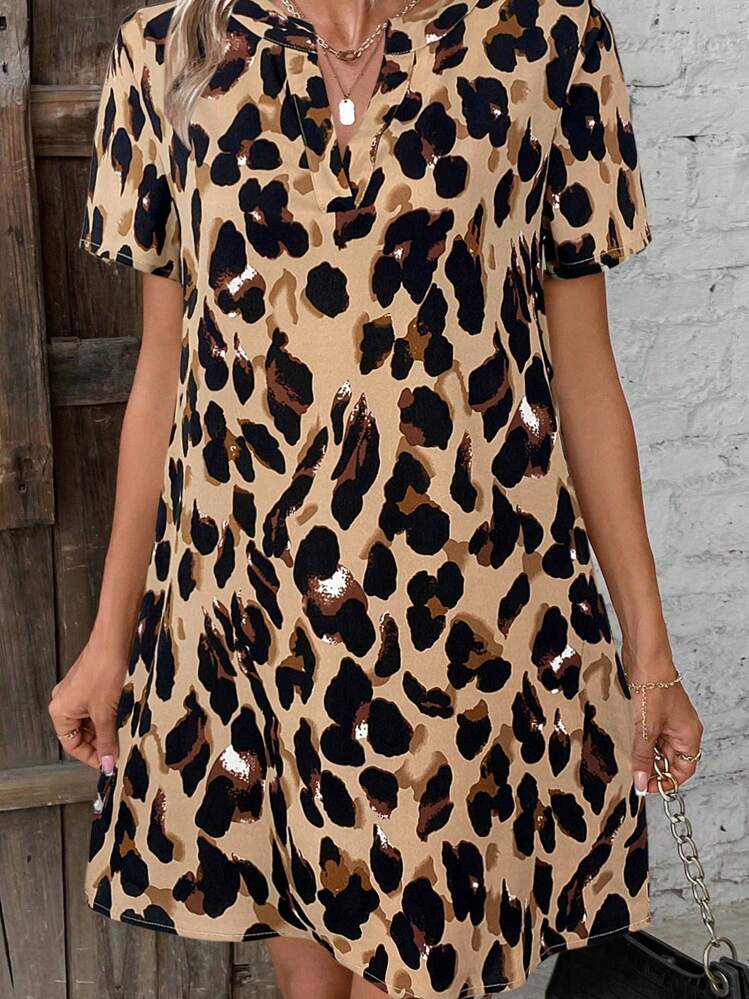 short sleeve leopard print dress Animal-print dress with bow - Women
