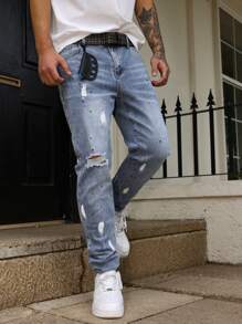 Manfinity LEGND Men's Casual Washed Ripped Slanted Pocket Denim Jeans