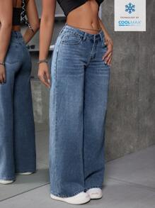 SHEIN ICON 女式宽松V领低腰口袋阔腿牛仔裤