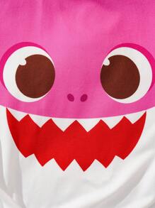 BABY SHARK X SHEIN Camiseta de manga corta informal y versátil con estampado de tiburón de dibujos animados para niña preadolescente en color rosa - Multicolor - Ver 4