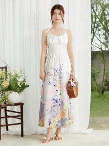 SHEIN LUNE Women Elegant Floral Print Sleeveless Waist-Defined Swing Dress - White - View 3