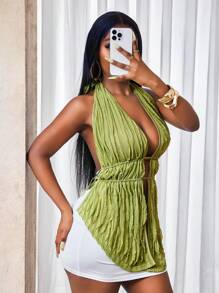 BamGleam 女士春夏新款性感吊带纹理面料绿色吊带上衣，大露背设计，时尚百搭，适合海边度假 - 綠色 - 查看 7