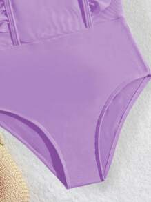 Young Girl Solid Color Ruffle Square Neck One Piece Swimsuit - Mauve Purple - View 3