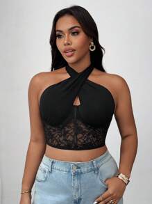 SHEIN Unity Đồ lót ren hở lưng chéo cỡ lớn cho nữ, đồ liền thân gợi cảm và thanh lịch để mặc hàng ngày, ngày lễ tình nhân - màu đen - Xem 3