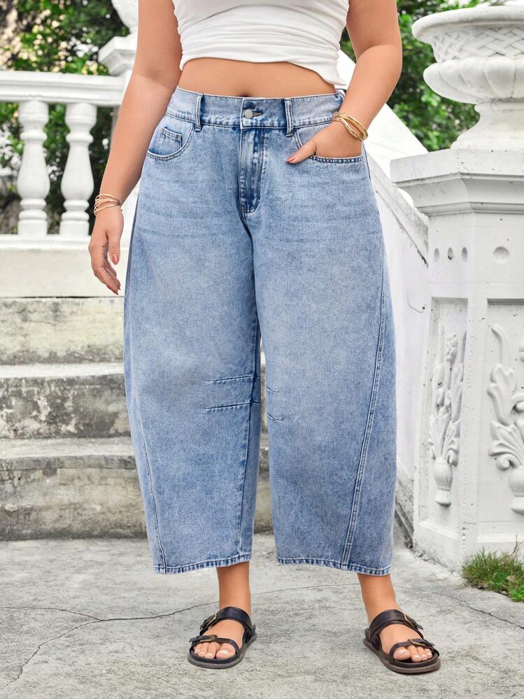 SHEIN Essnce Denim Bootcut Casual Lavado Plus Size - Azul - Visão 3