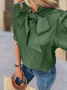 Calvaya Elegancka bluzka damska w kształcie litery H z bufiastymi rękawami i kokardą przy szyi w jednolitym kolorze - Zielony - Zobacz 7