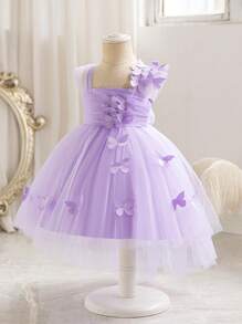 SHEIN Leap Crew Baby Girl Elegant Square Neck Dress With Bow Decor And Layered Mesh, Sweet Formal Party Dress - Purple - View 4