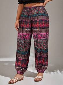 SHEIN VCAY Plus Geo Print Slant Pocket Knot Waist Summer Pants - Hot Pink - View 5