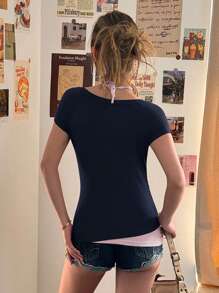 SHEIN EZwear Summer Graphic Tees Western Wear Women Navy Blue & Pink Patchwork - Navy Blue - View 8