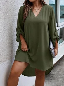 SHEIN LUNE Plus Size Women V-Neck Bell Sleeve Loose Straight Dress Fall Cloth For Women - Army Green - View 1