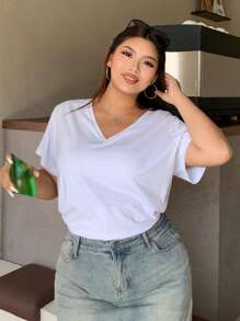 Dazy Plus T-shirt blanc ample à col en V et manches courtes, couleur unie, style preppy, grande taille - Blanc - Voir 1
