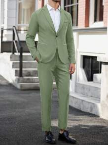 Conjunto de traje casual de chaqueta y pantalones de unicolor con cuello de solapa y manga larga para hombre - Verde - Ver 6