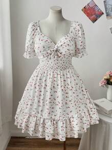 Flirla Plus Size Women's Spring/Summer Square Neck Twisted Chest Short Sleeve Ruched Double Hem Ditsy Floral White Knee-Length Dress - White - View 7