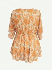 Flirla Plus Size Boho, Vacation, Going Out Tops, Elegant, Vintage V-Neck Patchwork Contrast Color Ribbon Ruffle Batwing Sleeve Floral Chiffon Blouse For Women, Summer - Multicolor - View 2