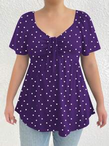 SHEIN LUNE Plus Size Women Polka Dot Print Drawstring Front Short Sleeve Fitted Knit T-Shirt, Summer - Multicolor - View 4