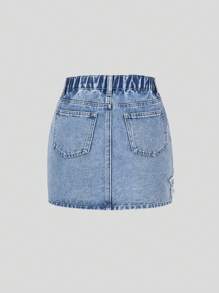 Falda vaquera informal y versátil con cintura elástica y bordado de estrella de cinco puntas, para niñas preadolescentes - Azul lavado medio - Ver 2