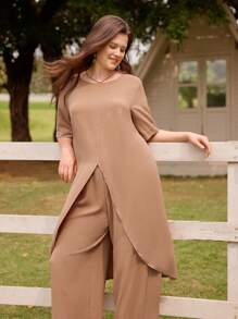 LanaWest Top cu mâneci mijlocii și pantaloni lungi, cu gât rotund și pantaloni lungi, set casual de primăvară/vară - Maro - Vizualizare 5