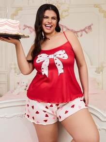 SweetSlumber Große Größen Bow Heart Print Camisole And Shorts Pajama Set