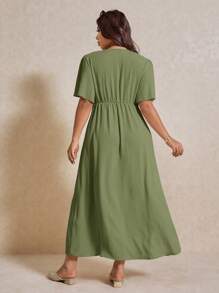 Elaquor Plus Size Casual & Elegant V-Neck Waist Gathered A-Line Dress, Suitable For Vacation,Summer Outfits For Women,Sun Dresses For Women - Green - View 5