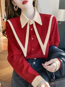 女式撞色前扣优雅长袖衬衫
