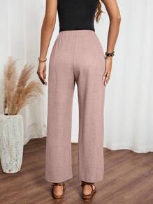 SHEIN LUNE Women Denim Effect Solid Color Pocket Side Ruffle Casual Pants For New Year Clothes Fall Cloth For Women - Pink - View 2