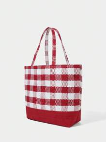 SHECARRY Vacation Casual Colorblock Plaid Large Capacity Tote Bag - Red - View 5