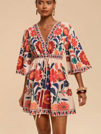 Travachic 女式V领七分袖印花宽松迷你连衣裙